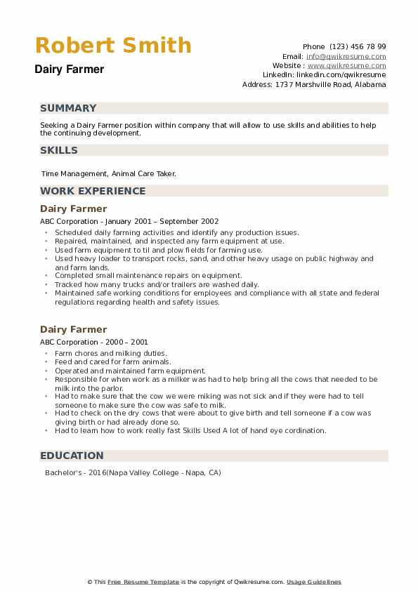 Sample Resume for Dairy Farm Worker Dairy Farmer Resume Samples