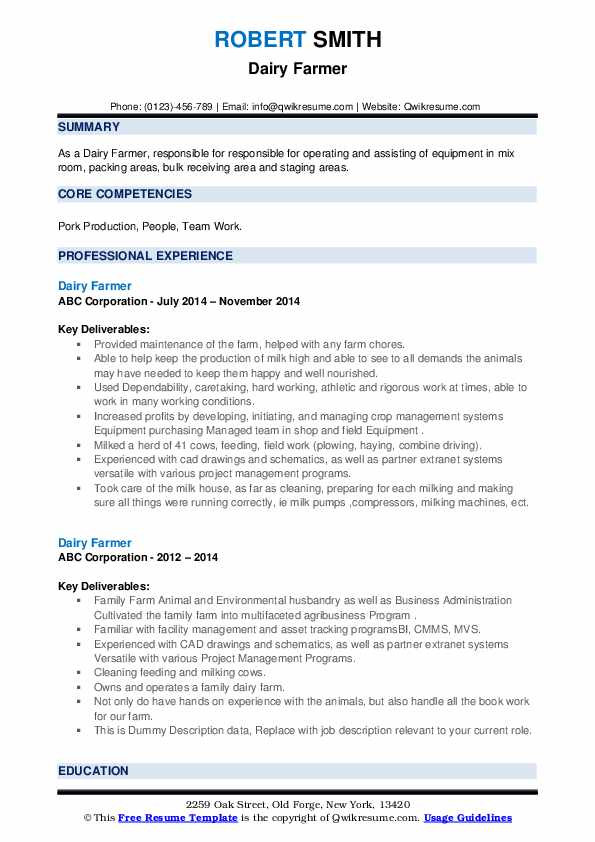 Sample Resume for Dairy Farm Worker Dairy Farmer Resume Samples