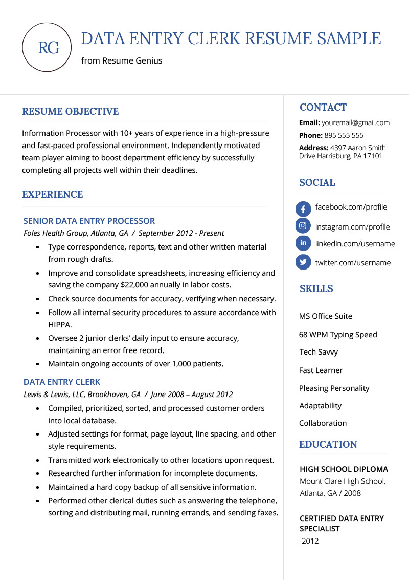 Sample Resume for Data Entry Clerk Position Data Entry Resume Sample & Writing Guide