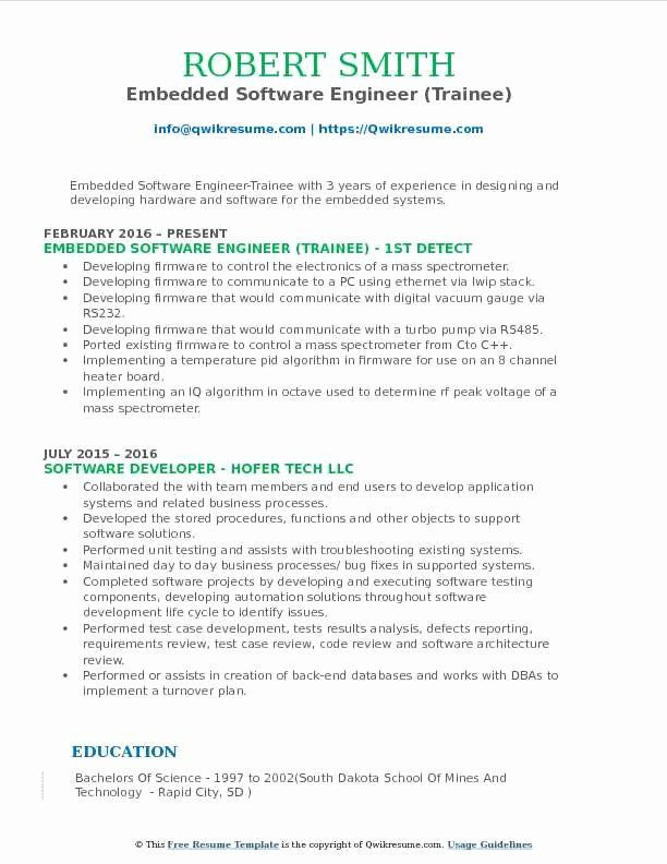 Sample Resume for Embedded software Engineer Fresher Embedded software Engineer Resume New Embedded software