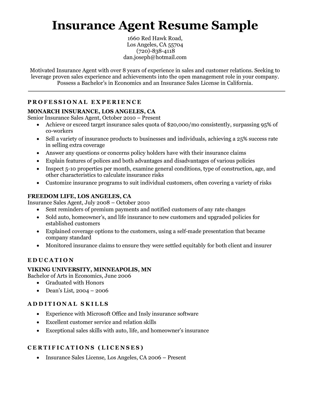 Sample Resume for Experienced Insurance Professional Insurance Agent Resume Template