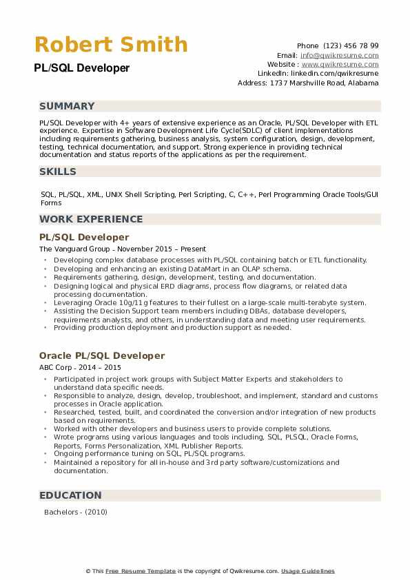 Sample Resume for Experienced Pl Sql Developer Pl Sql Developer Resume Samples