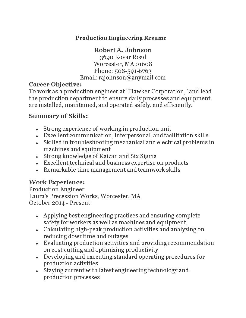 Sample Resume for Experienced Production Engineer Pdf Production Engineering Resume