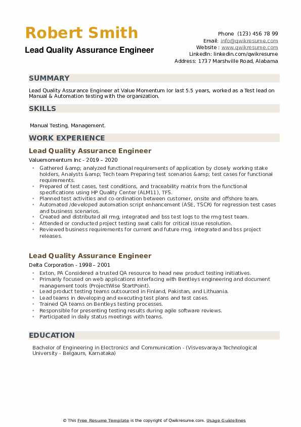 Sample Resume for Experienced Quality assurance Engineer Lead Quality assurance Engineer Resume Samples