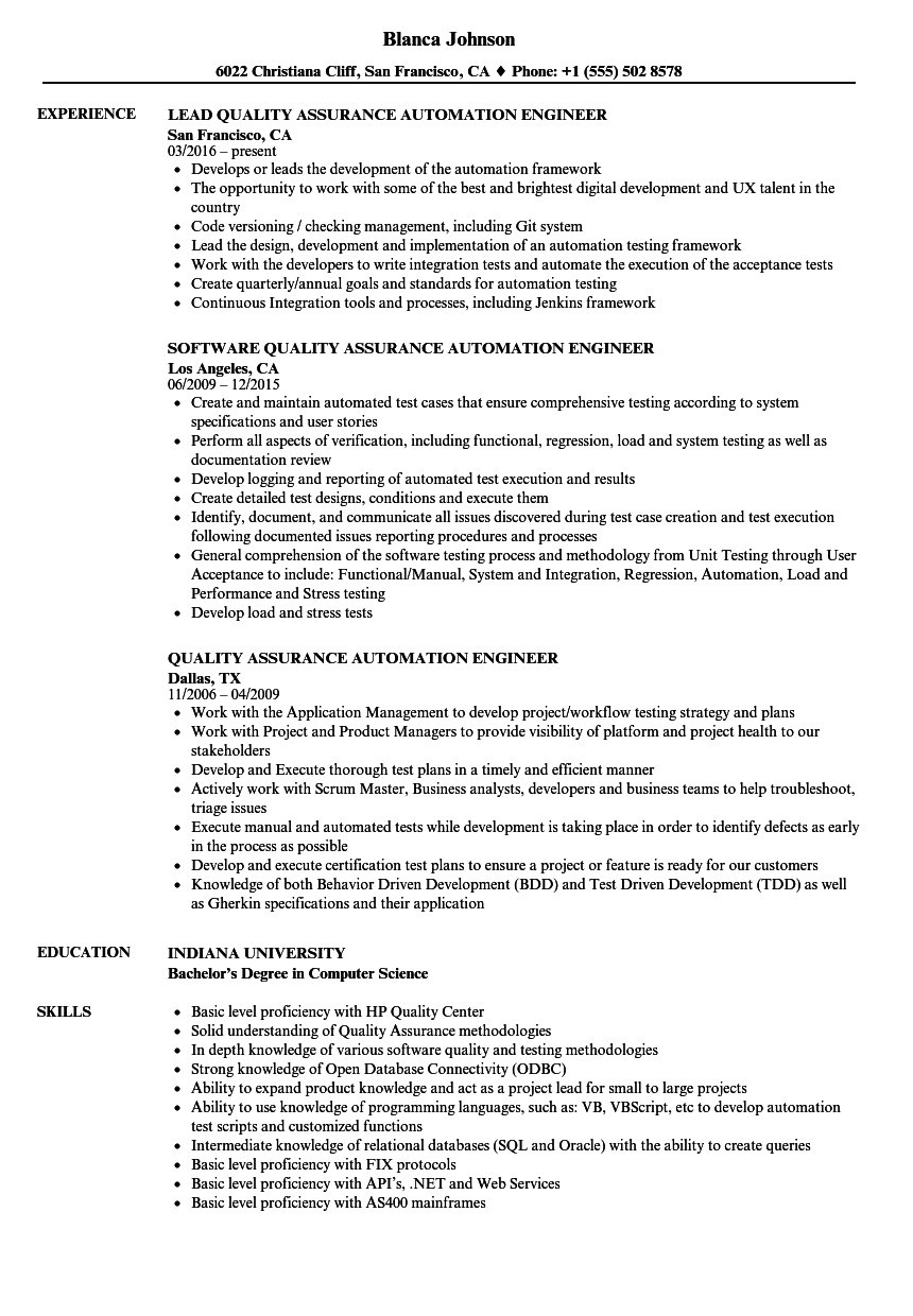 Sample Resume for Experienced Quality assurance Engineer Quality assurance Engineer Resume