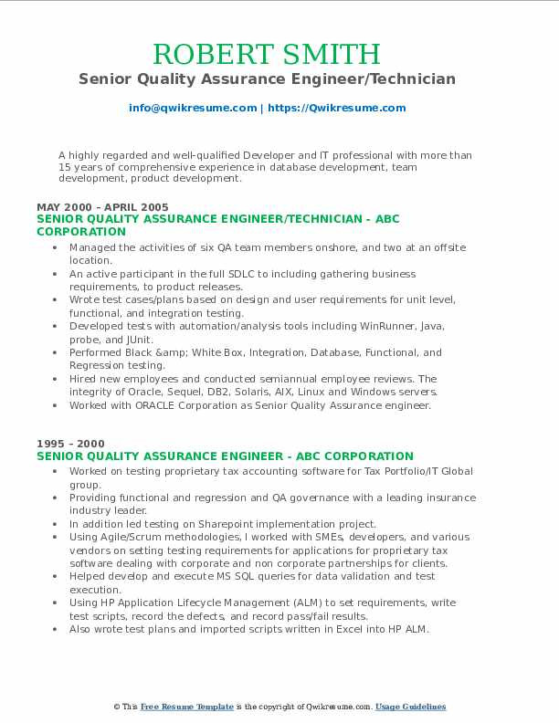 Sample Resume for Experienced Quality assurance Engineer Senior Quality assurance Engineer Resume Samples