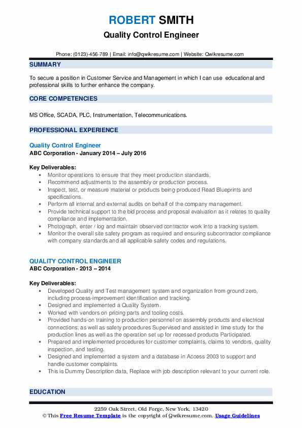 Sample Resume for Experienced Quality Control Engineer Quality Control Engineer Resume Samples
