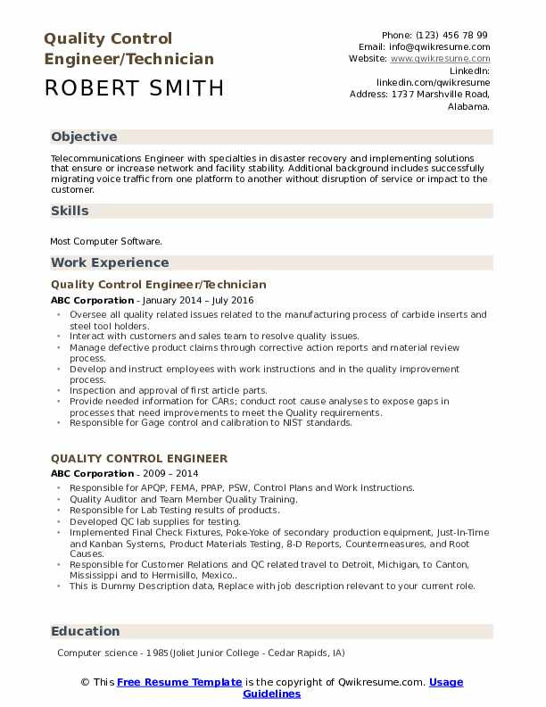 Sample Resume for Experienced Quality Control Engineer Quality Control Engineer Resume Samples