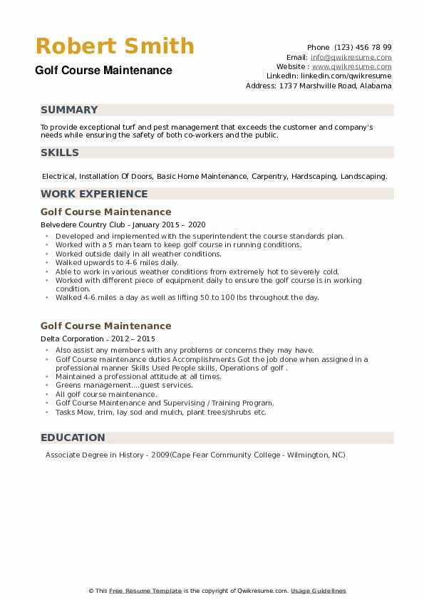 Sample Resume for Golf Course Maintenance Golf Course Maintenance Resume Samples