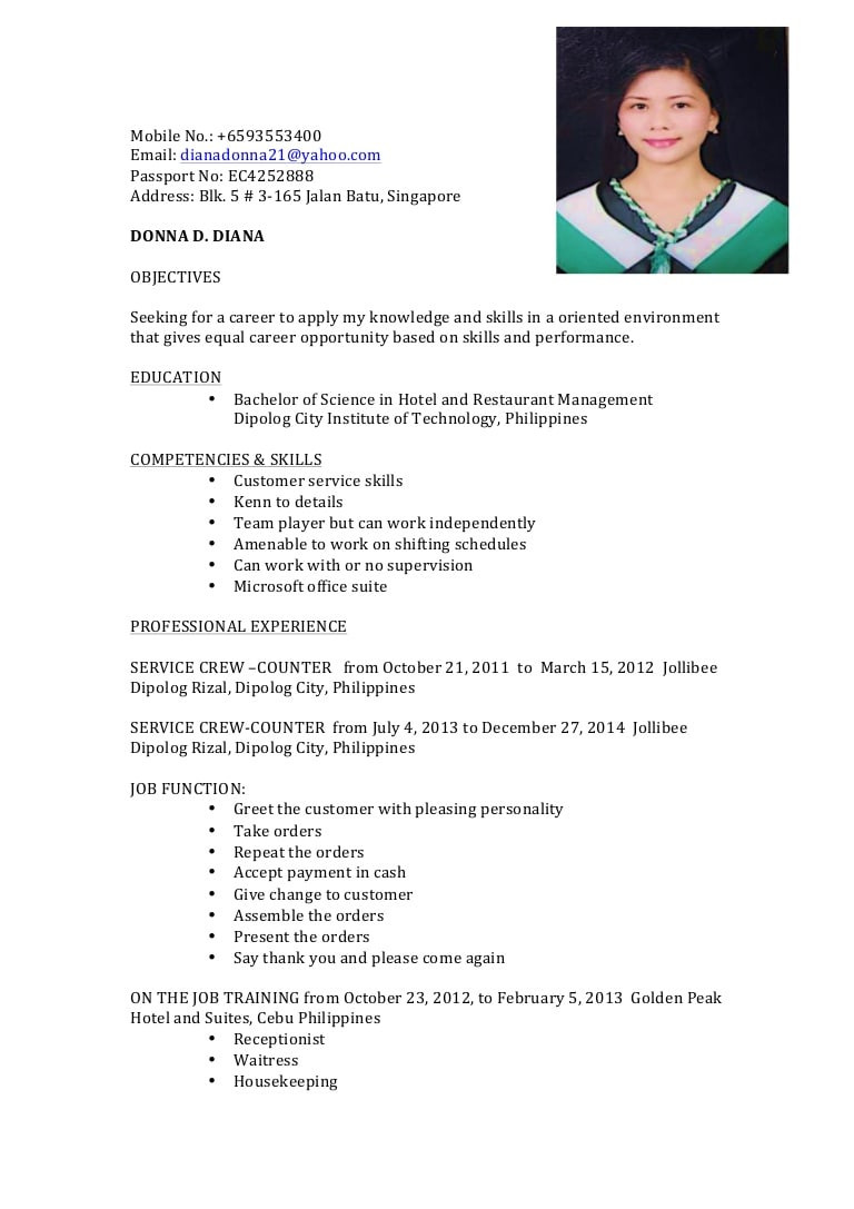 Sample Resume for Hotel and Restaurant Management Fresh Graduate Resume Donna