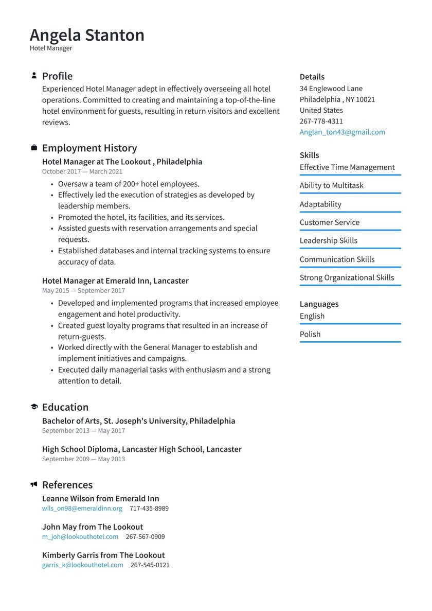 Sample Resume for Hotel and Restaurant Management Hotel Management Resume Examples & Writing Tips 2021 (free Guide)