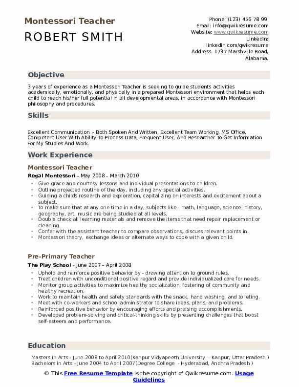 Sample Resume for Montessori Teacher Fresher Montessori Teacher Resume Samples