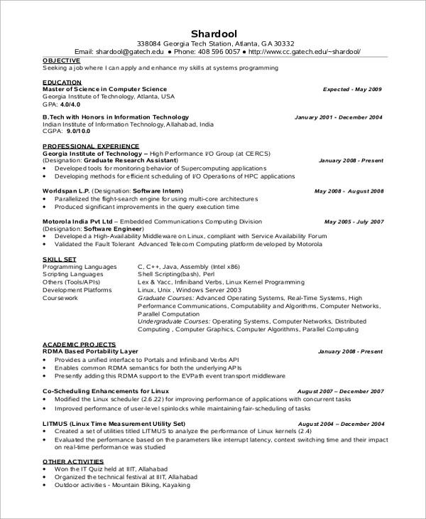 Sample Resume for Ms In Computer Science In Usa Free 8 Sample Puter Science Resume Templates In Ms