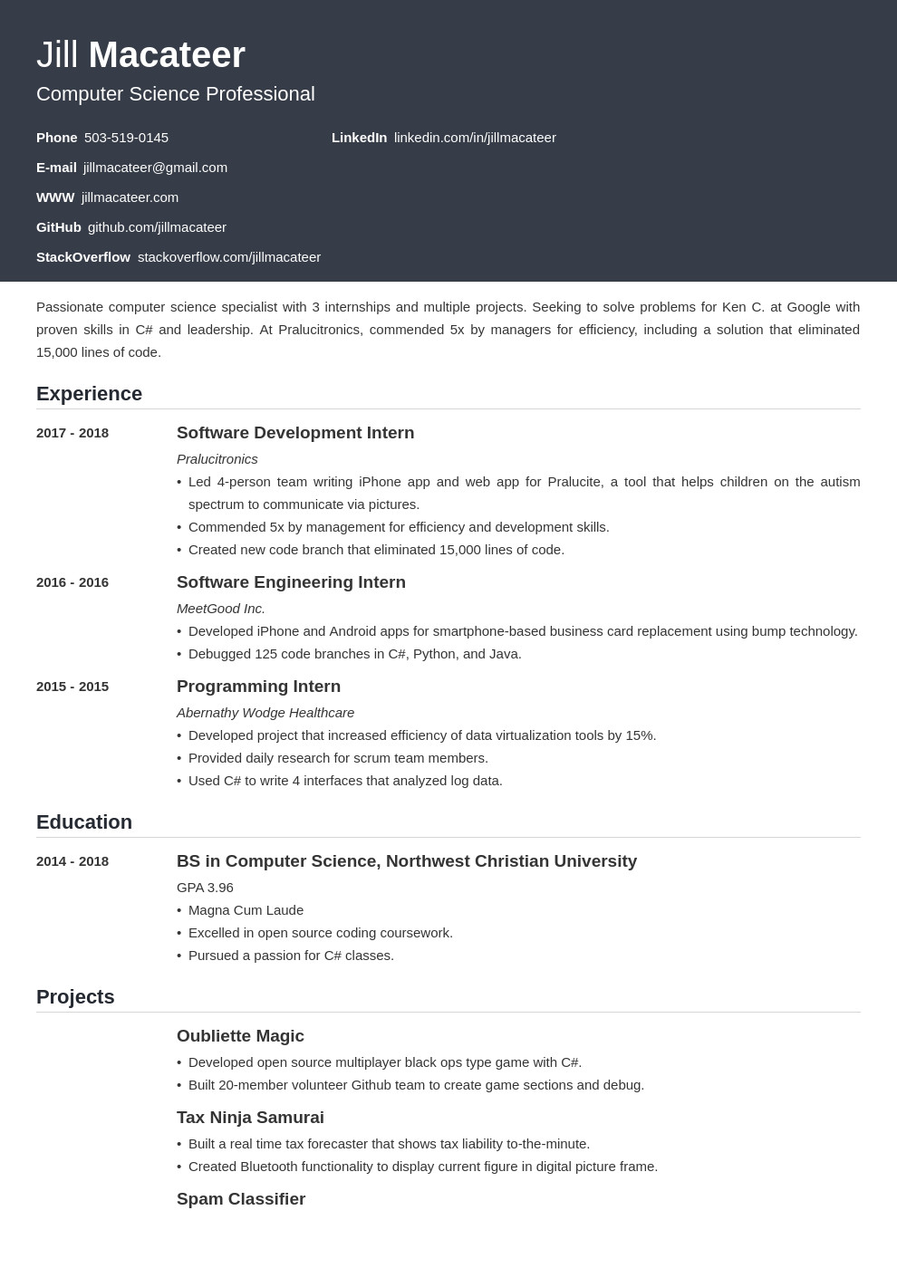 Sample Resume for Ms In Computer Science In Usa Puter Science Cs Resume Example & Template for 2021