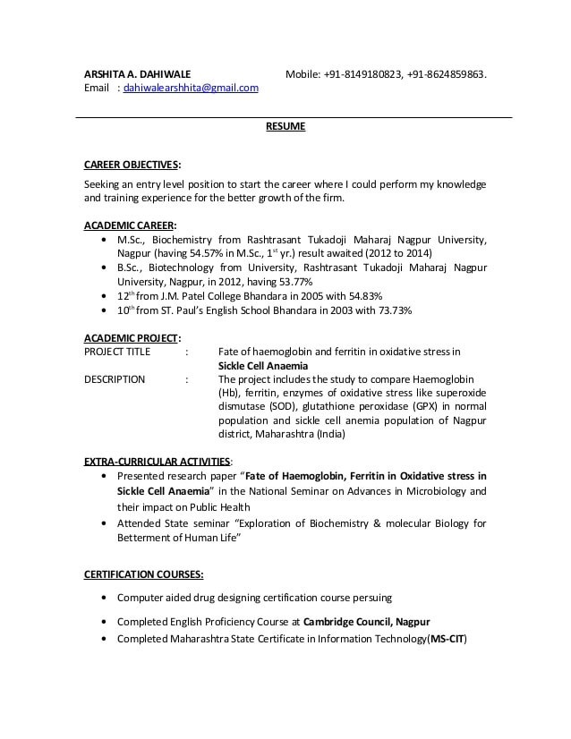Sample Resume for Msc Biochemistry Freshers Msc Fresher Resume