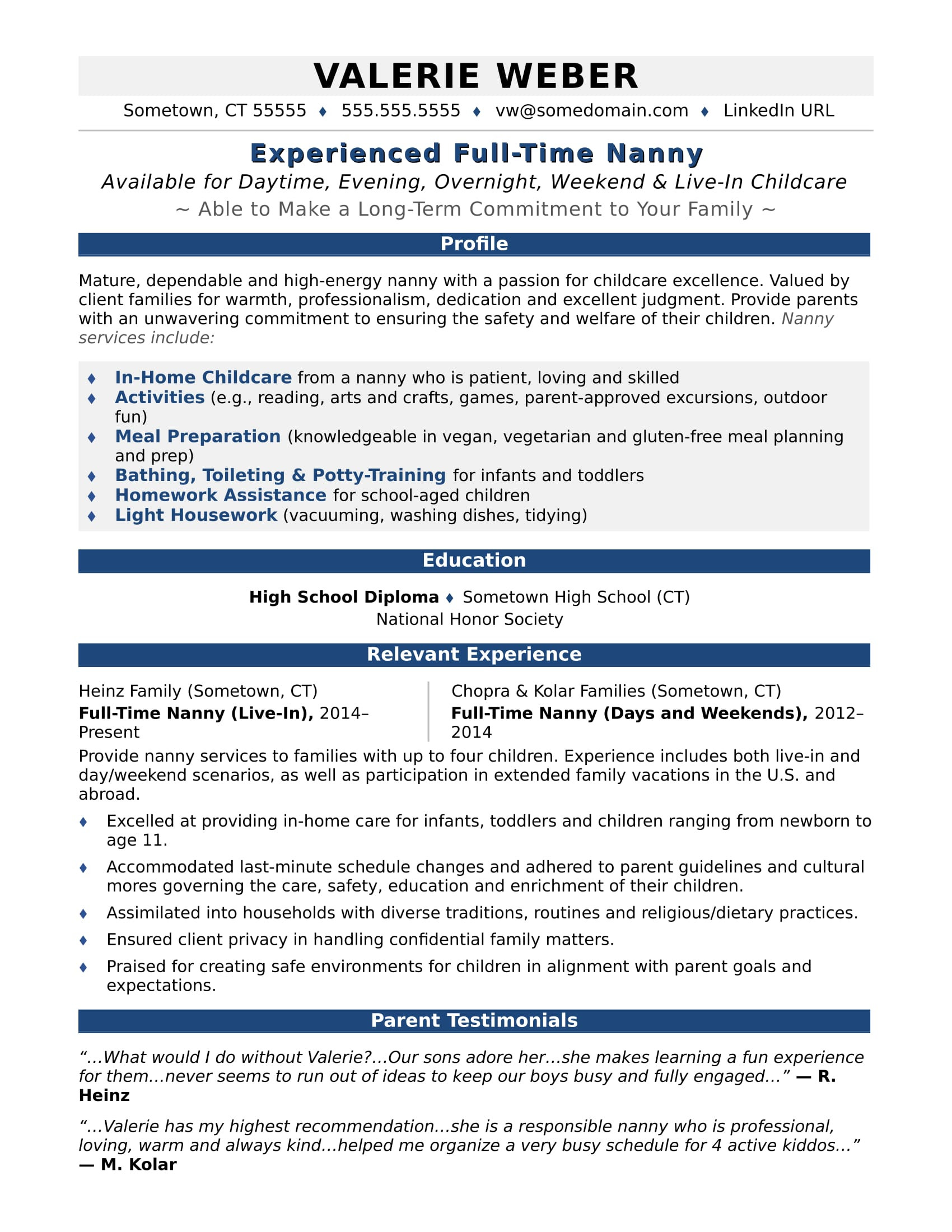 Sample Resume for Nanny In Canada Sample Resume Nanny In Canada Full Time Nanny Resume