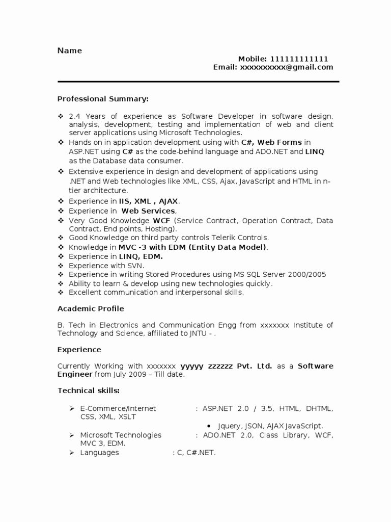 Sample Resume for Net Developer with 5 Year Experience √ 20 Java Developer Resume 5 Years Experience
