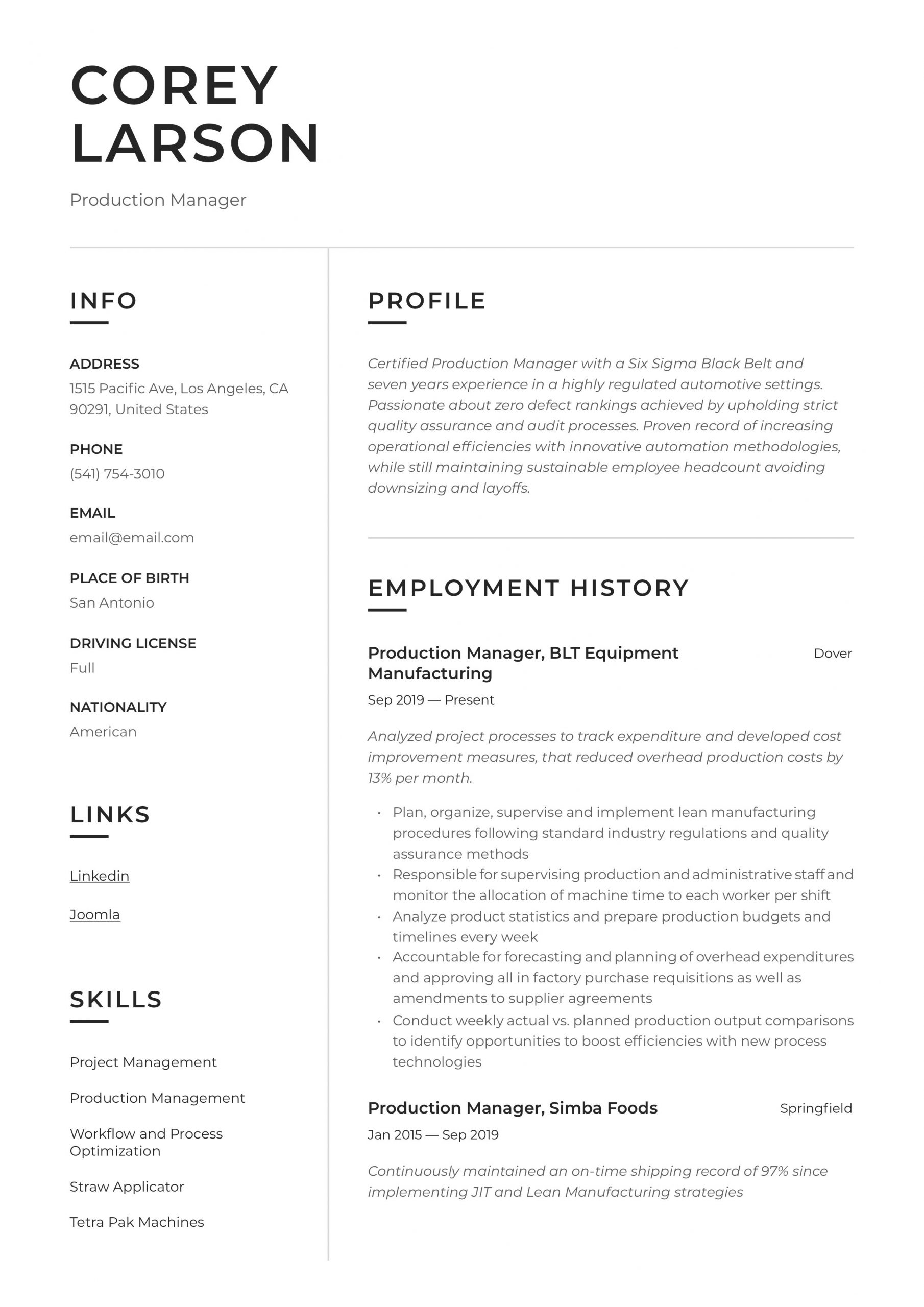 Sample Resume for Production Manager In India Film Production Manager Resume