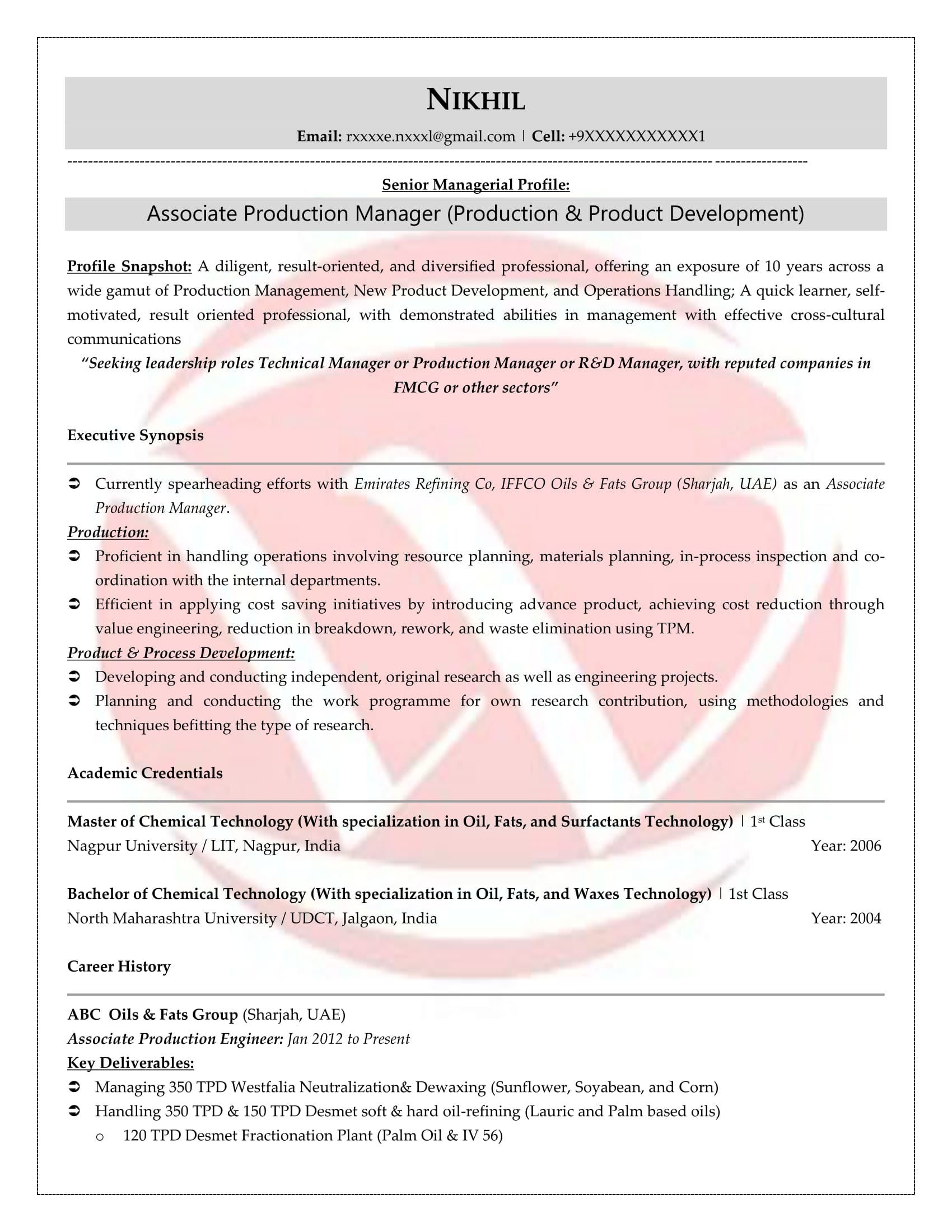 Sample Resume for Production Manager In India Production Sample Resumes, Download Resume format Templates!