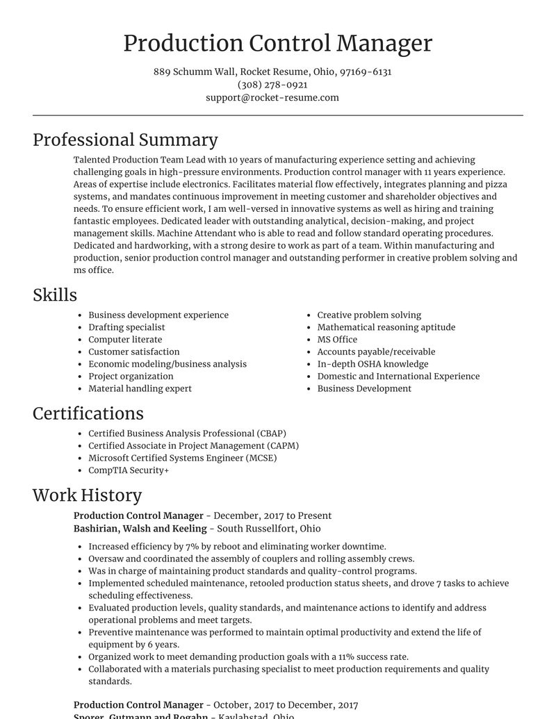 Sample Resume for Production Planning and Control Manager Production Control Manager Resume Editor & Examples Rocket Resume Sample Resume for Production Planning and Control Manager Production Control Manager Resume Editor & Examples Rocket Resume