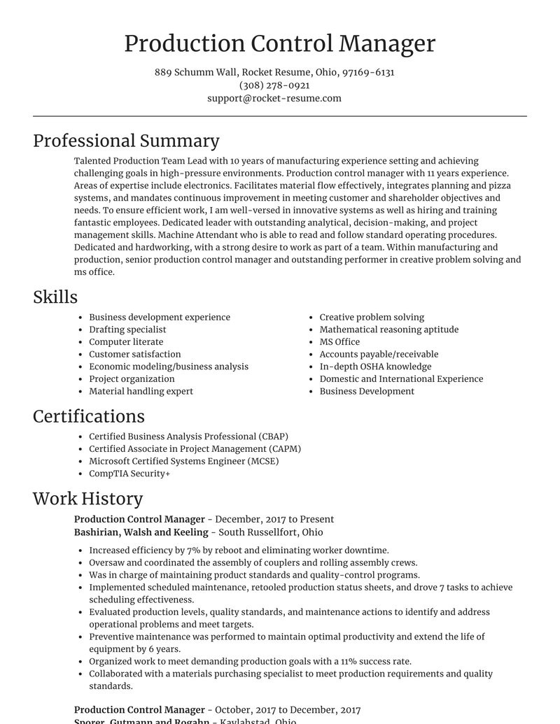 Sample Resume for Production Planning and Control Manager Production Control Manager Resume Editor & Examples Rocket Resume