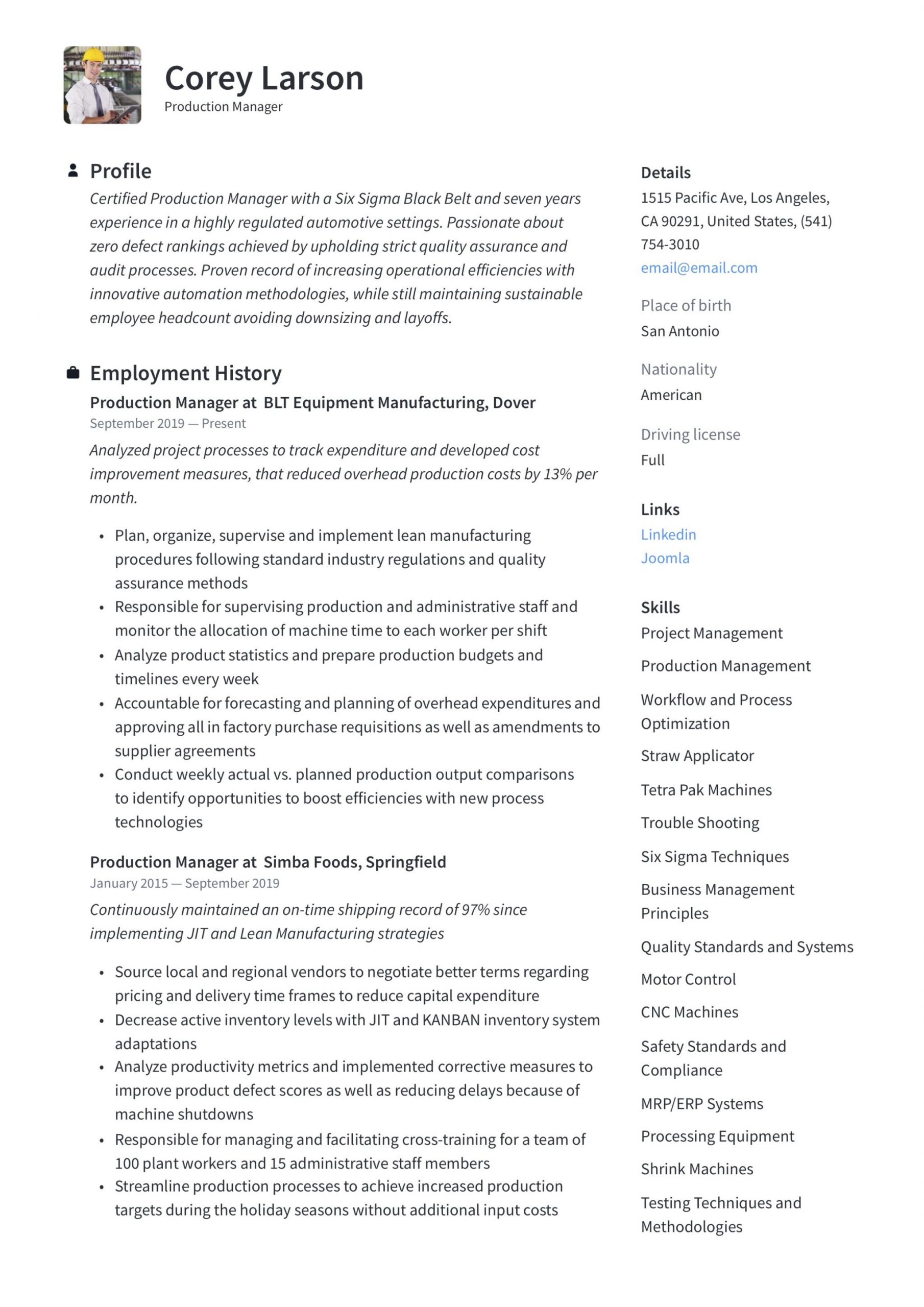 Sample Resume for Production Planning and Control Manager Production Manager Resume & Writing Guide  12 Templates 2020