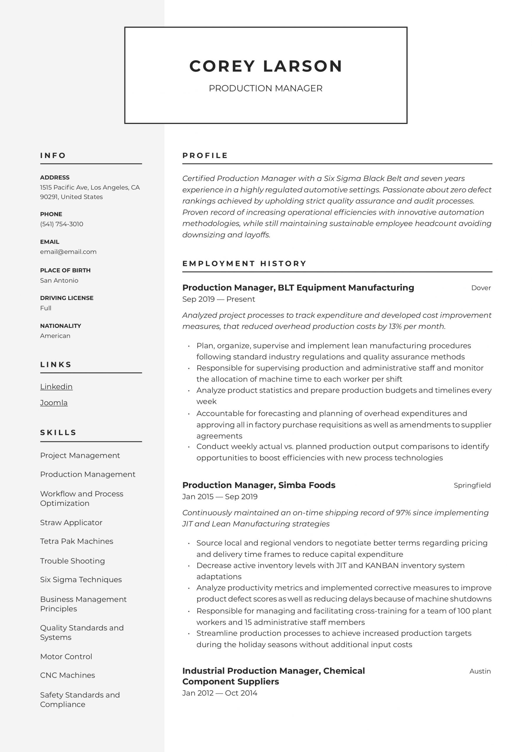Sample Resume for Production Planning and Control Manager Production Manager Resume & Writing Guide  12 Templates 2020