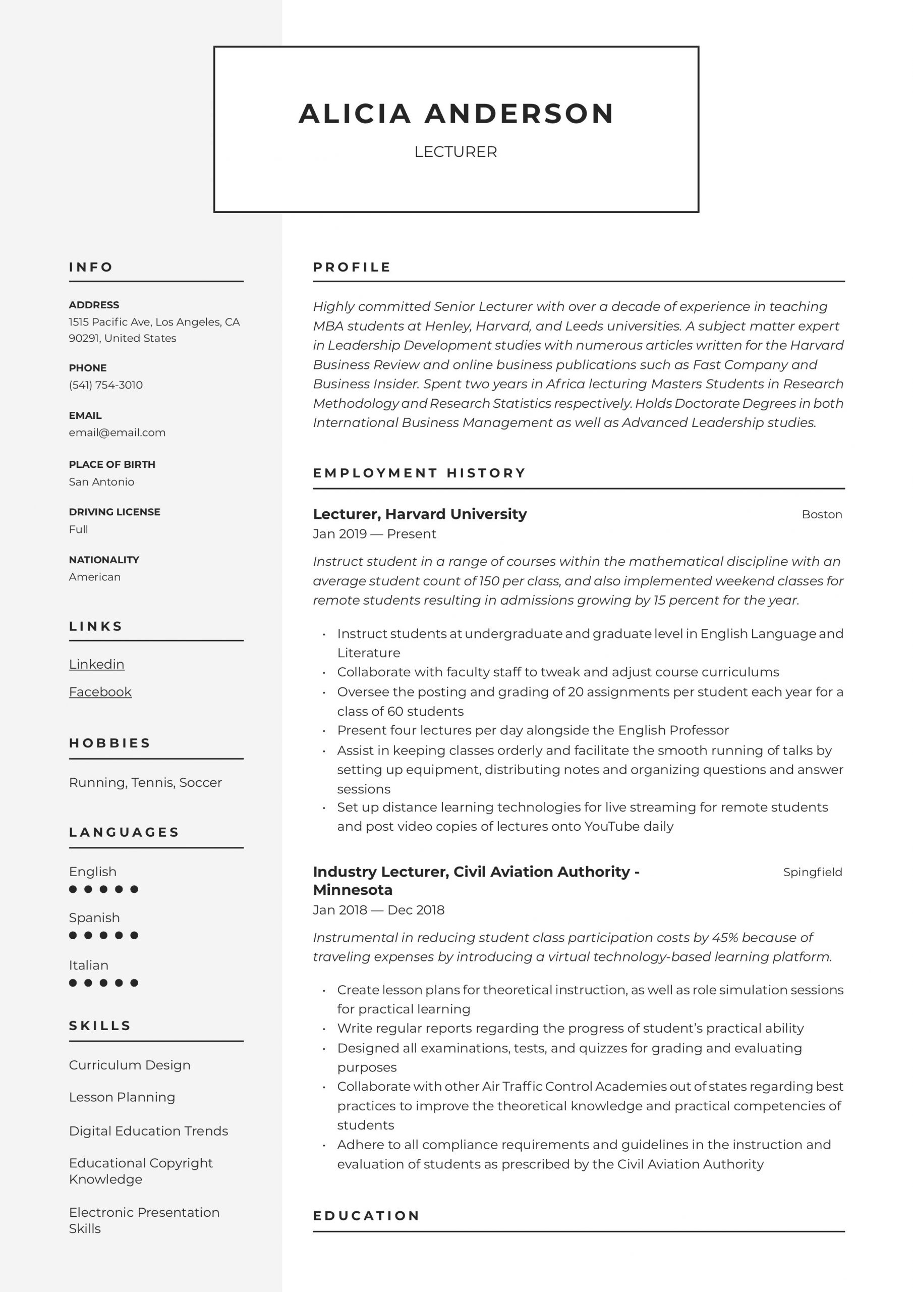 Sample Resume for Professors In Universities Lecturer Resume & Writing Guide  18 Free Examples 2020