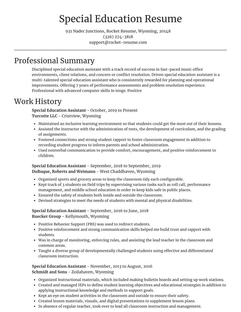 Sample Resume for Special Needs assistant Special Education assistant Resume Builder & Example Rocket Resume