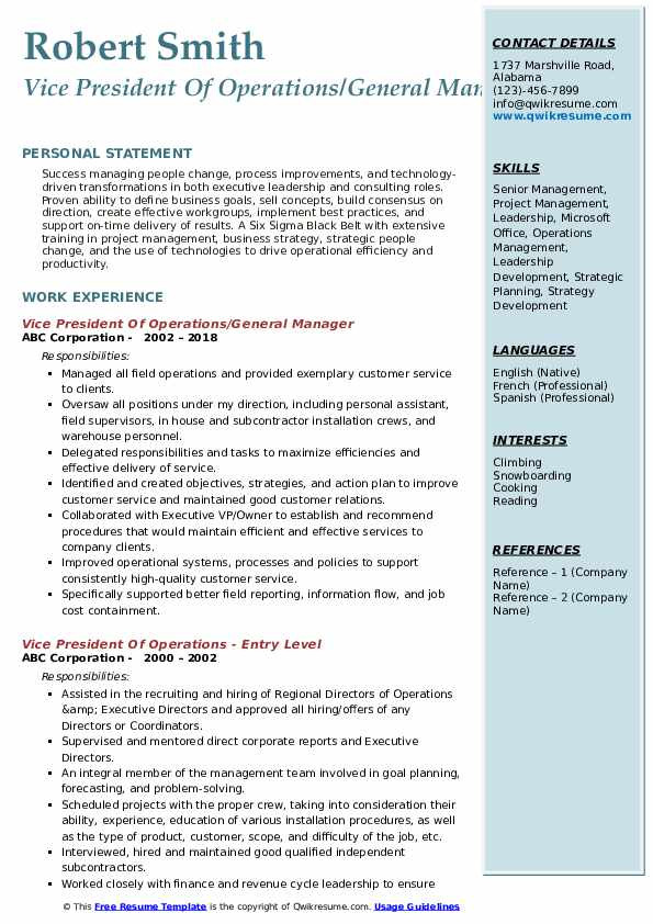 Sample Resume for Vice President Of Operations Vice President Operations Resume Samples
