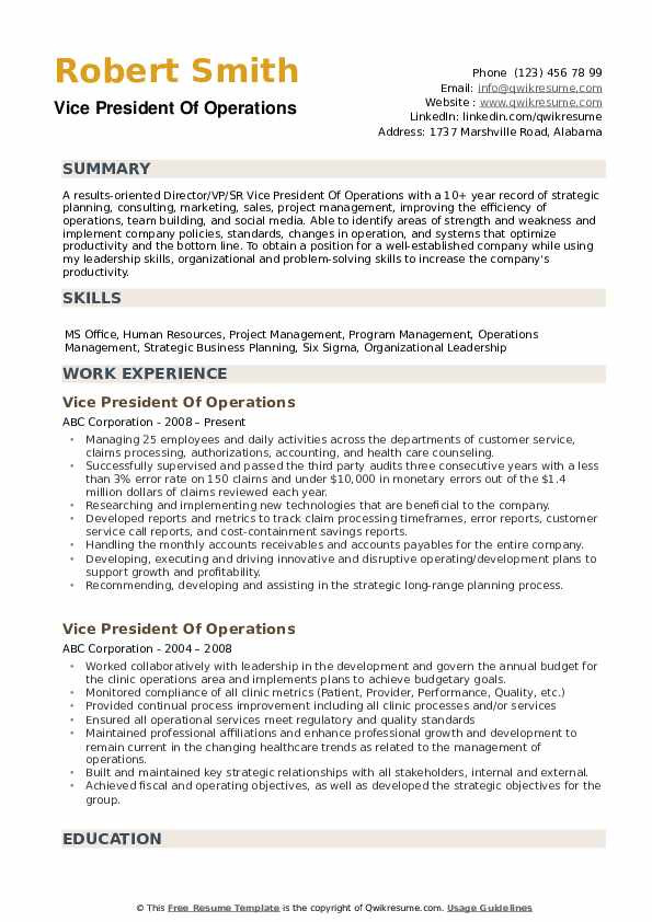 Sample Resume for Vice President Of Operations Vice President Operations Resume Samples