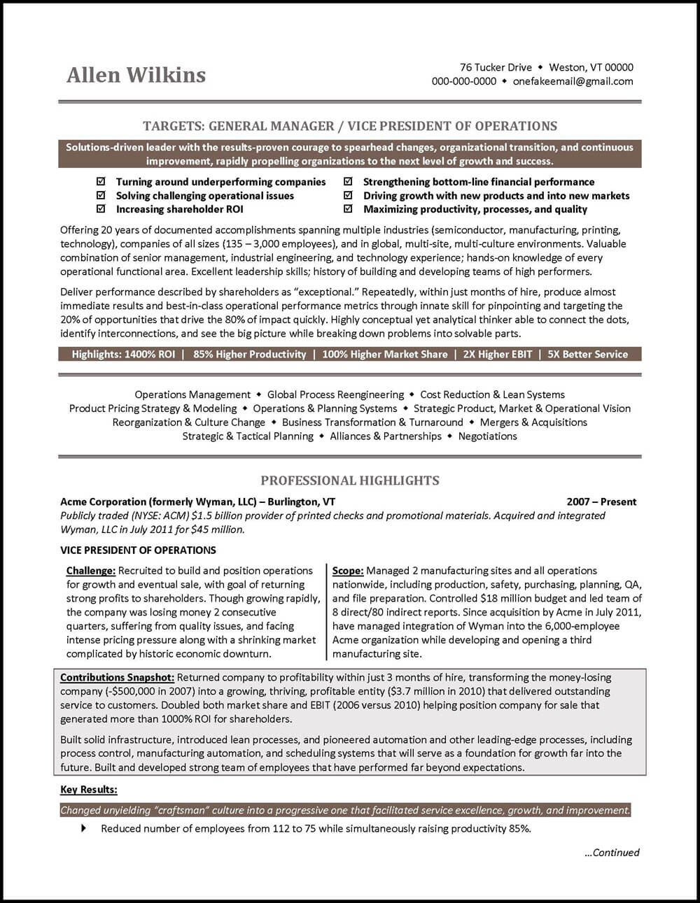 Sample Resume for Vice President Of Operations Vice President Resume Example