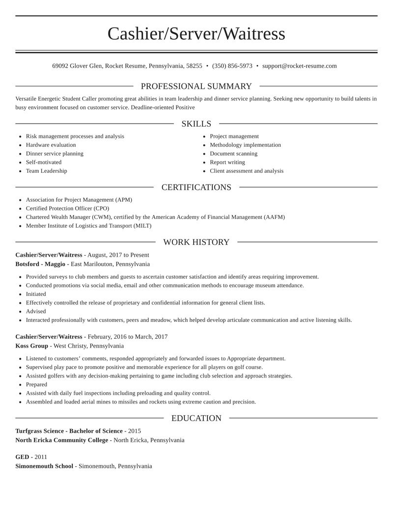 Sample Resume for Waitress and Cashier Cashier Server Waitress Resumes