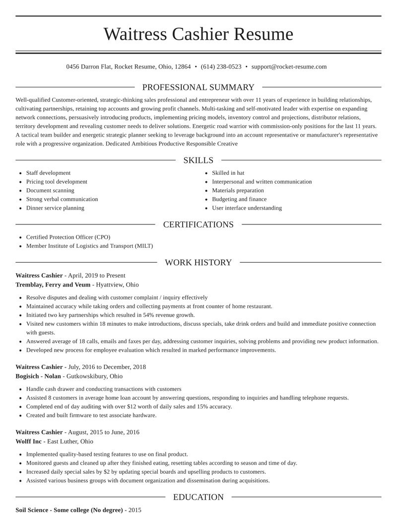 Sample Resume for Waitress and Cashier Waitress Cashier Resumes