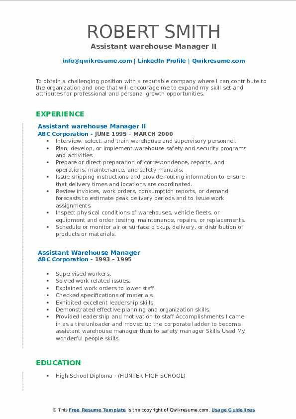 Sample Resume for Warehouse assistant Manager assistant Warehouse Manager Resume Samples