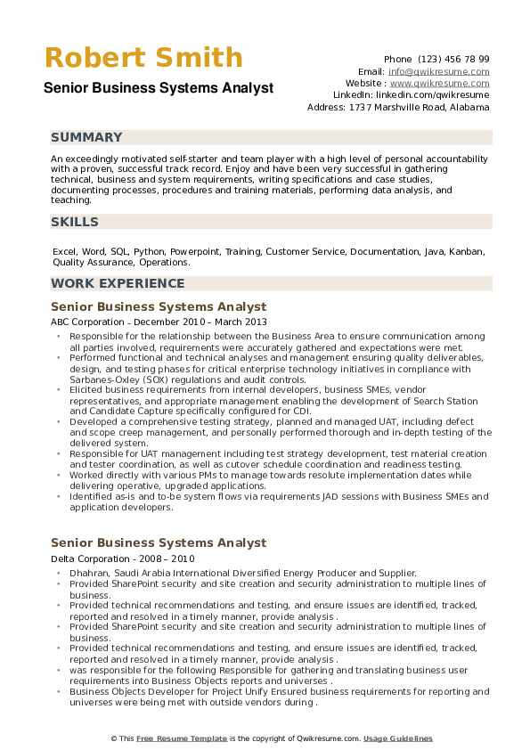 Senior Business Systems Analyst Resume Sample Senior Business Systems Analyst Resume Samples