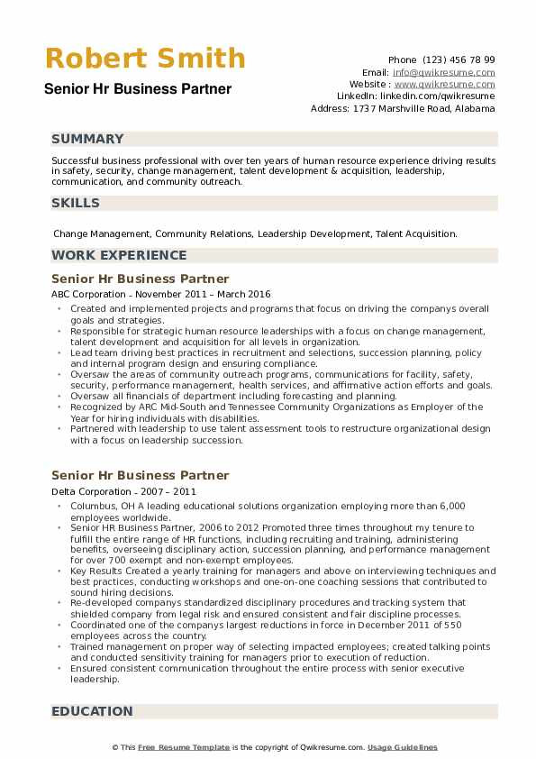 Senior Hr Business Partner Resume Sample Senior Hr Business Partner Resume Samples