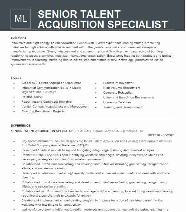 Senior Talent Acquisition Specialist Resume Sample Senior Talent Acquisition Specialist Resume Example