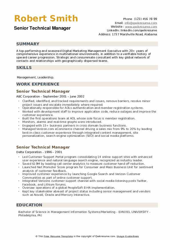Senior Technical Program Manager Resume Sample Senior Technical Manager Resume Samples