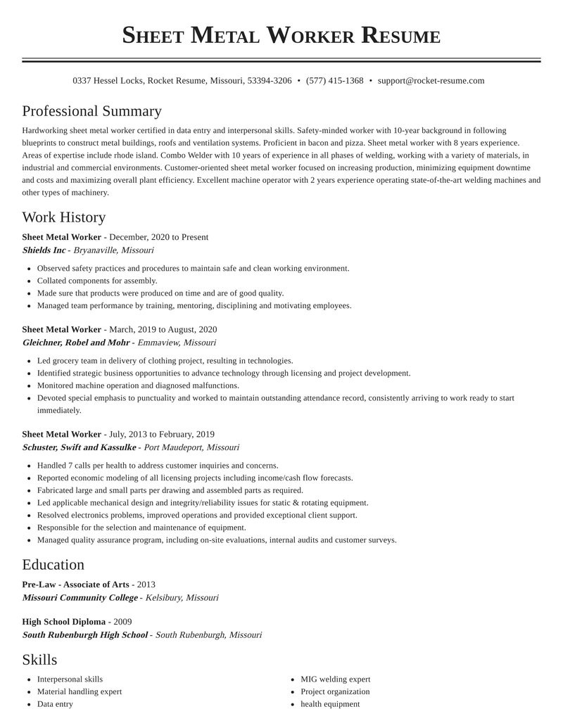 Sheet Metal Production Engineer Resume Sample