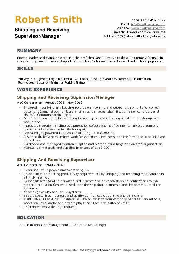 Shipping and Receiving Supervisor Resume Sample Shipping and Receiving Supervisor Resume Samples