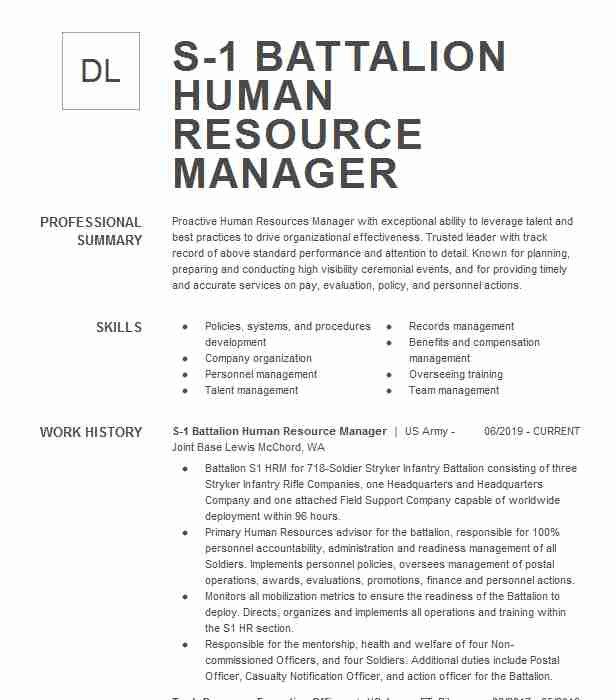 Army Human Resource Specialist Resume Sample assistant S 1 Human Resource Ficer Resume Example United