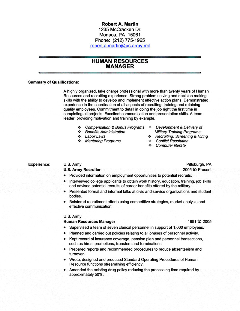Army Human Resource Specialist Resume Sample Human Resources Military Transition Resume