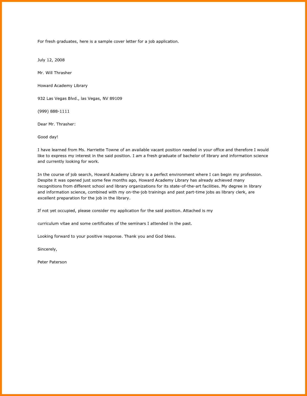 Cover Letter Sample for Resume Fresh Graduate Application Letter Sle for Fresh Graduate Pdf Job Cover Letter …
