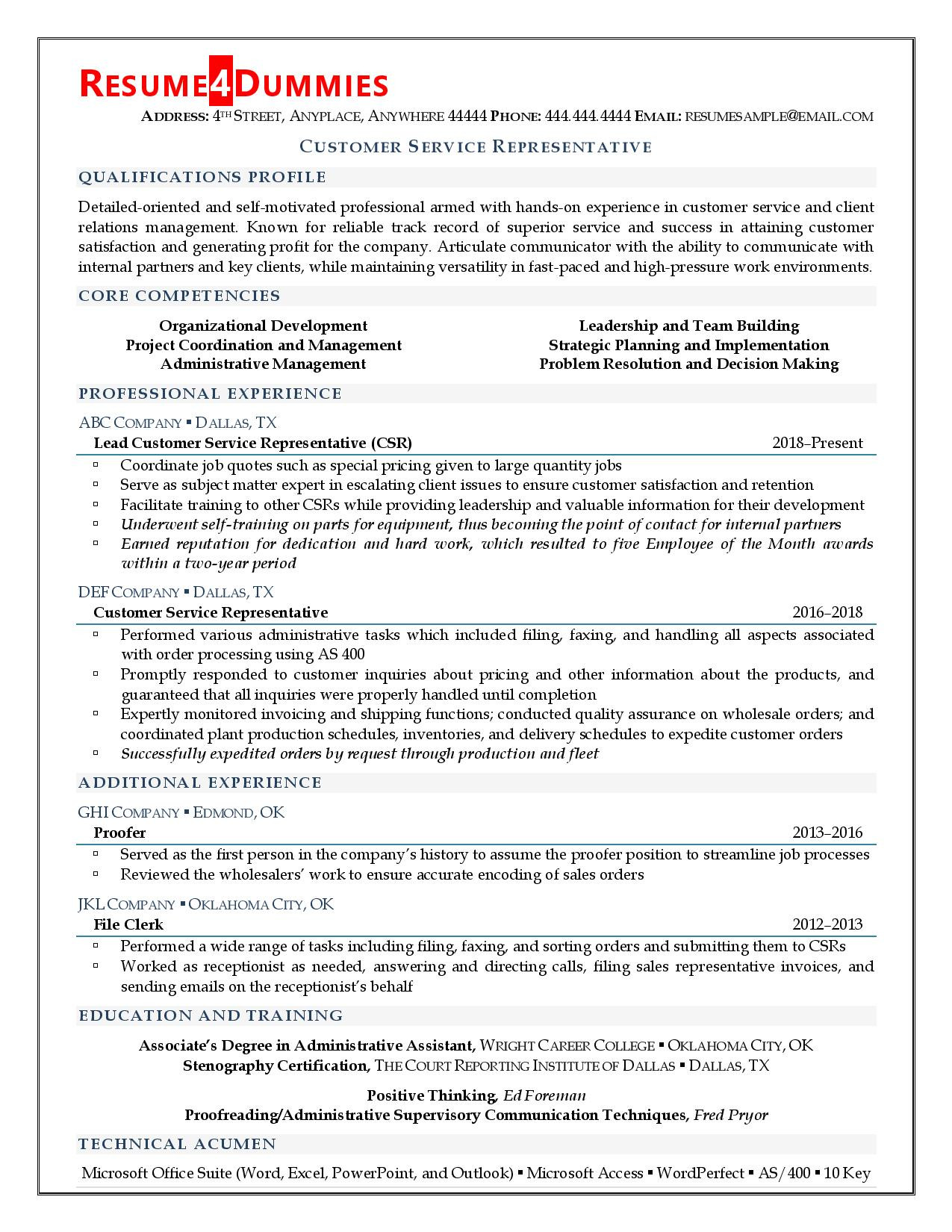 Customer Service Job Description Sample Resume Customer Service Representative Resume Resume4dummies Customer Service Job Description Sample Resume Customer Service Representative Resume Resume4dummies