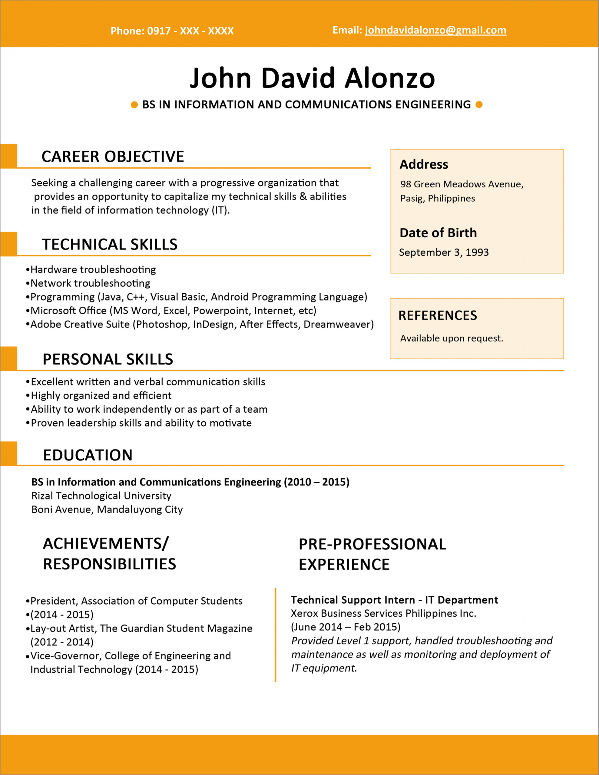 First Job Sample Resume for Fresh Graduate Sample Resume format for Fresh Graduates E Page format