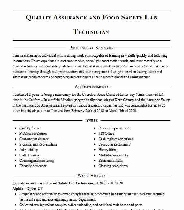 Food Quality Control Technician Resume Sample Food Quality assurance Technician Resume Example Taylor Food Quality Control Technician Resume Sample Food Quality assurance Technician Resume Example Taylor