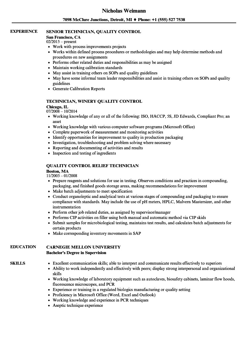 Food Quality Control Technician Resume Sample Food Quality Control Inspector Resume September 2021