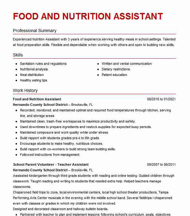 Food Science and Nutrition Resume Sample Food and Nutrition assistant Resume Example Oak Hill