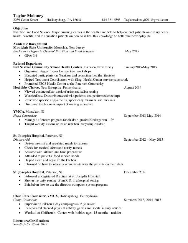 Food Science and Nutrition Resume Sample Newest Nutrition and General Food Sciences Resume